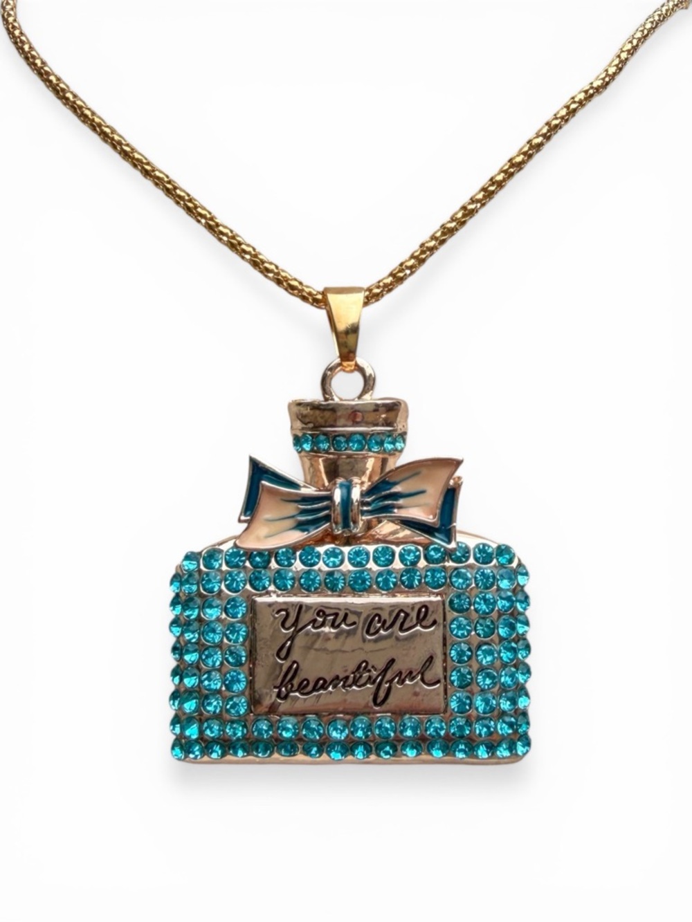 Betsey Johnson Perfume Bottle Pendant Necklace You Are Beautiful Aqua Crystals - Picture 8 of 8